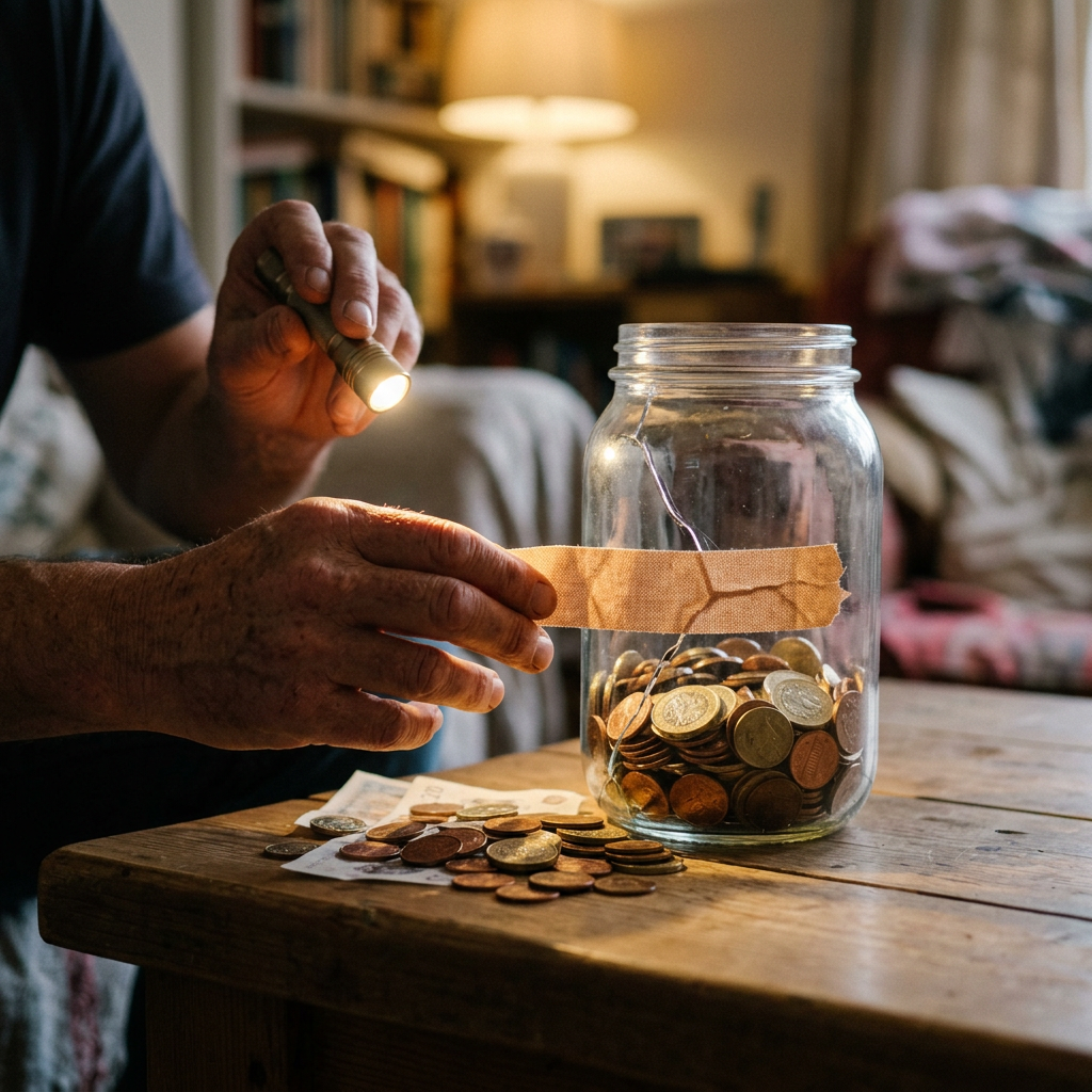 Hands holding flashlight and paper label on a coin-filled glass jar