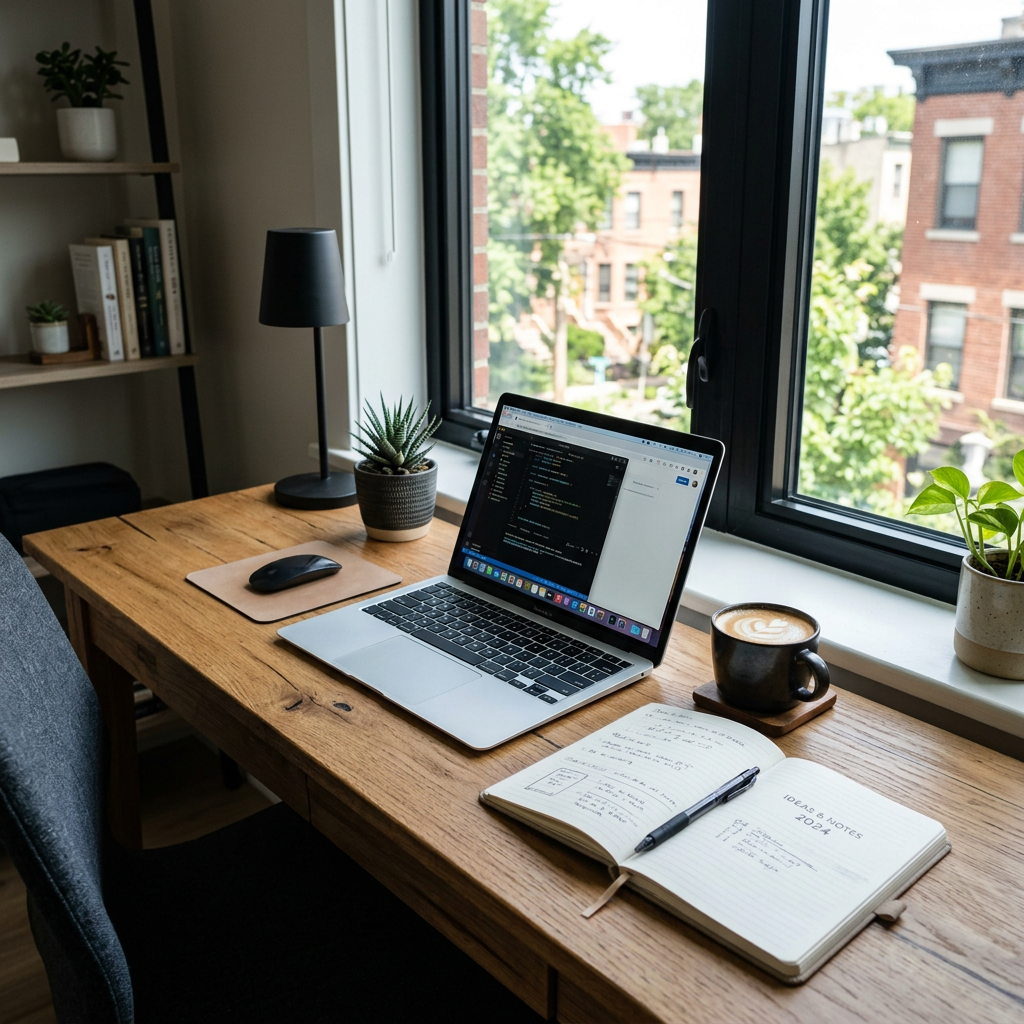 Wooden desk by window with laptop showing Practical life and legal guidance, a notebook with notes, coffee cup, plants, and lamp