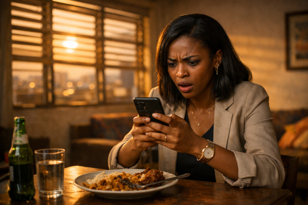 A lady sitting down and staring at a message on her phone. Her landlord increased her rent without notice, Nigerian Tenancy law explained.