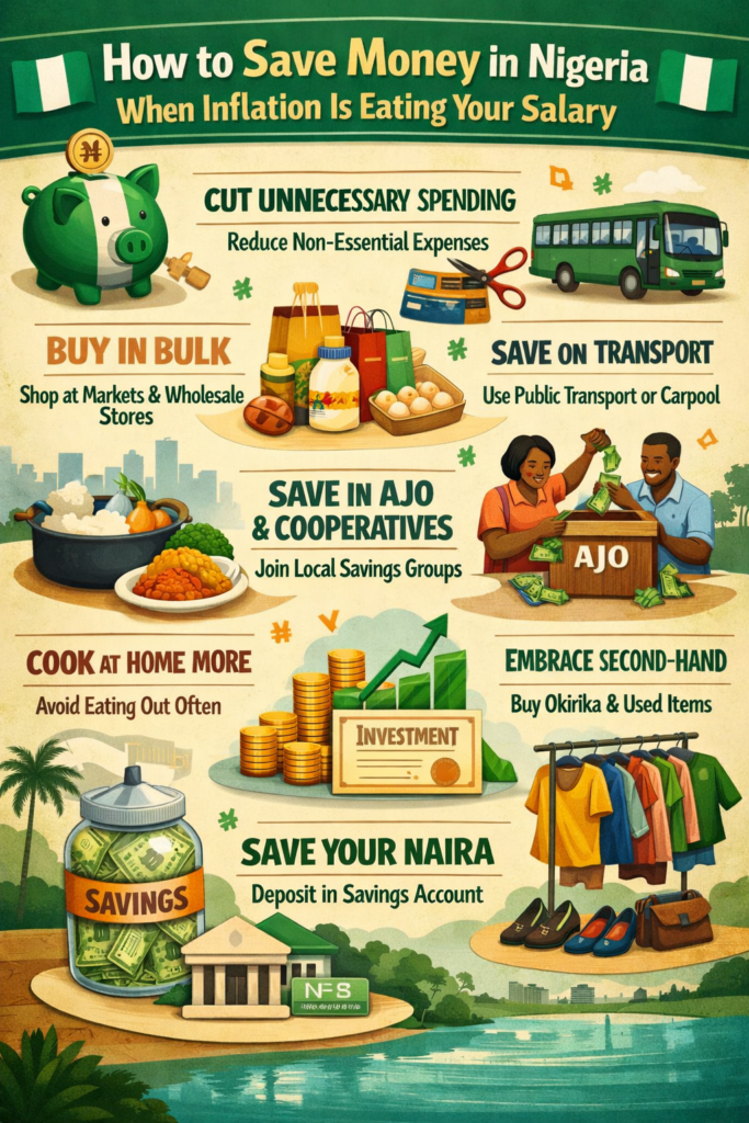 The image shows how to save money in Nigeria in 2026 despite the inflation.
